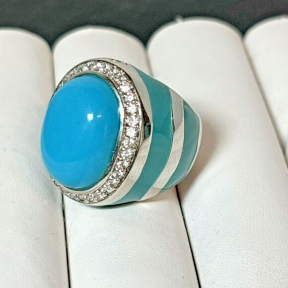 Source Unknown Jewelry - Showy Chunky Faux Turquoise Blue Enamel Dome Crystal Statement Ring Size 5